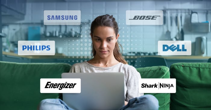 Woman on a laptop surrounded by logos of Samsung, Bose, Philips, Dell, Energizer, and SharkNinja, representing CE brand innovation